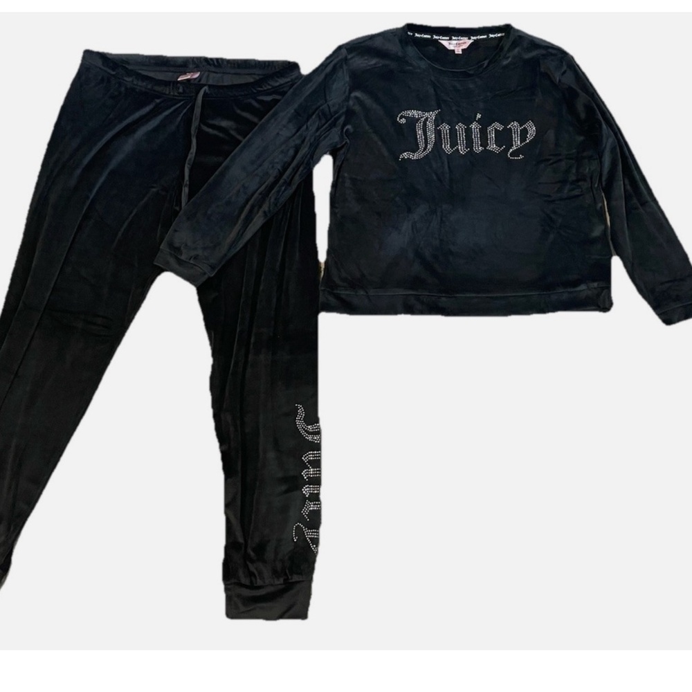JUICY COUTURE Pajama Set T-shirt Top Sleep Pants Velour Black Bling Logo Size L